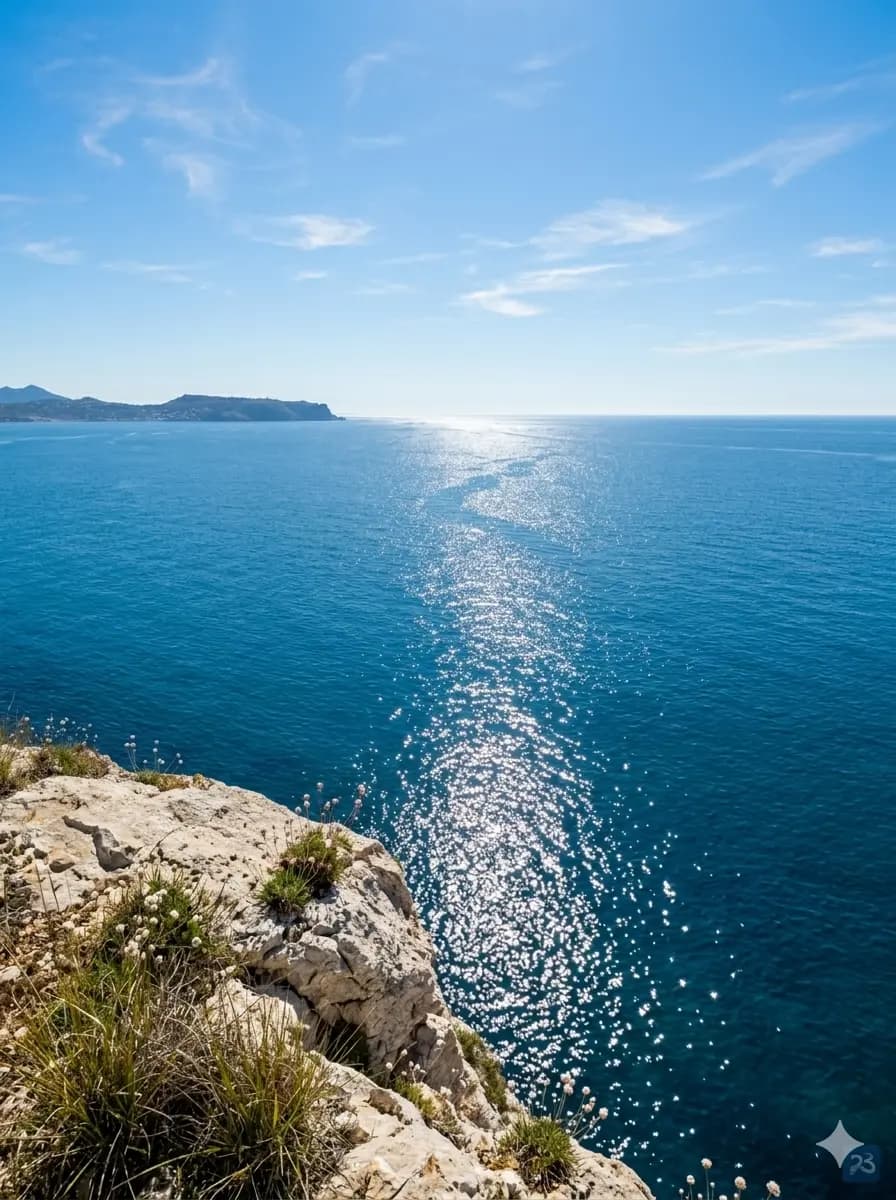 Cielo azul y mar mediterráneo con luz solar en la costa de Cataluña